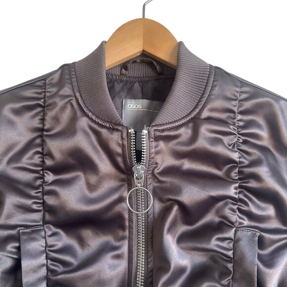 ASOS Design Super Crop Satin Bomber Jacket Ruched Charcoal Brown - Picture 3 of 10
